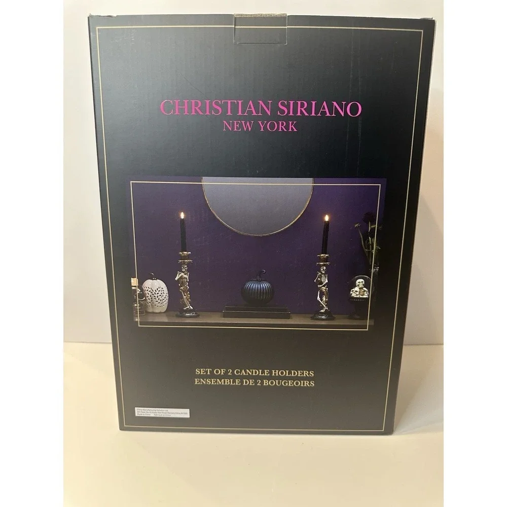 Christian Siriano Gold Skeleton Candlestick Holders Pair Halloween NEW IN BOX
